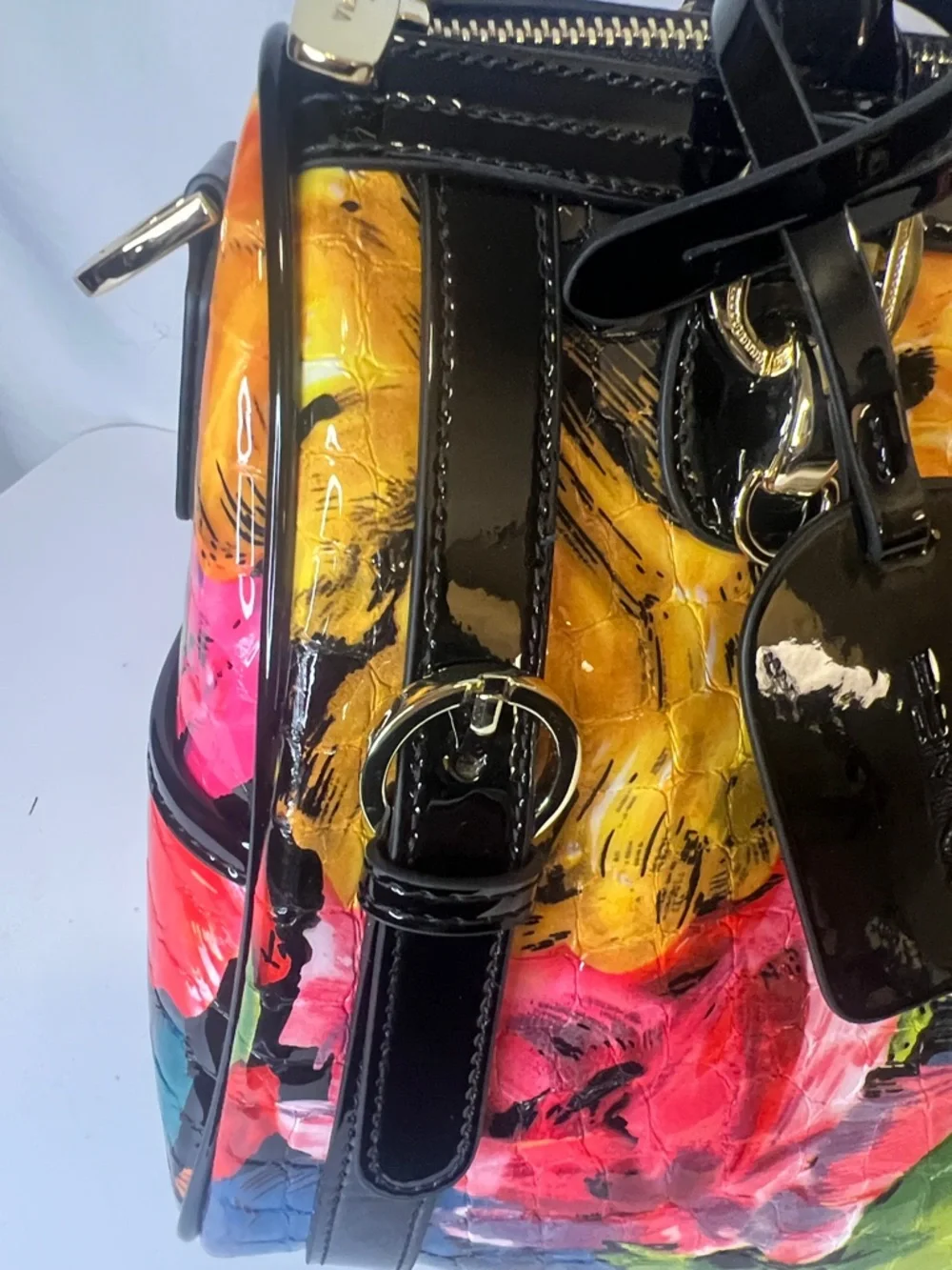 Feimina Genuine Leather embossed Floral Patent Satchel Handbag - Picture 10 of 16